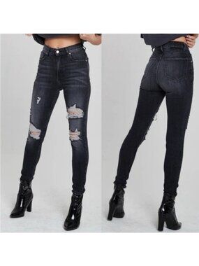REVICE Uptown Denim Nirvana Black Distressed Skinny Jeans Ultra High-Waisted 28